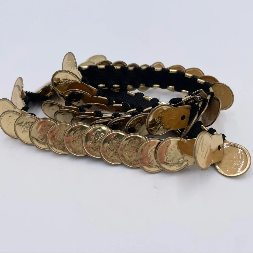 Vintage 80s Gold Coin Medallion Embossed Disc Stretch Belt One Size Boho Glam